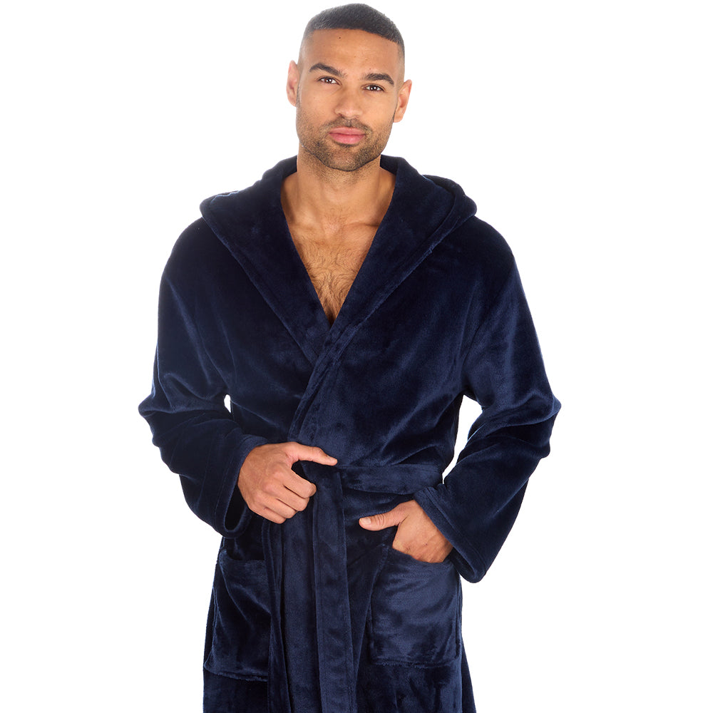 Mens Plain Hooded Navy Dressing Gown