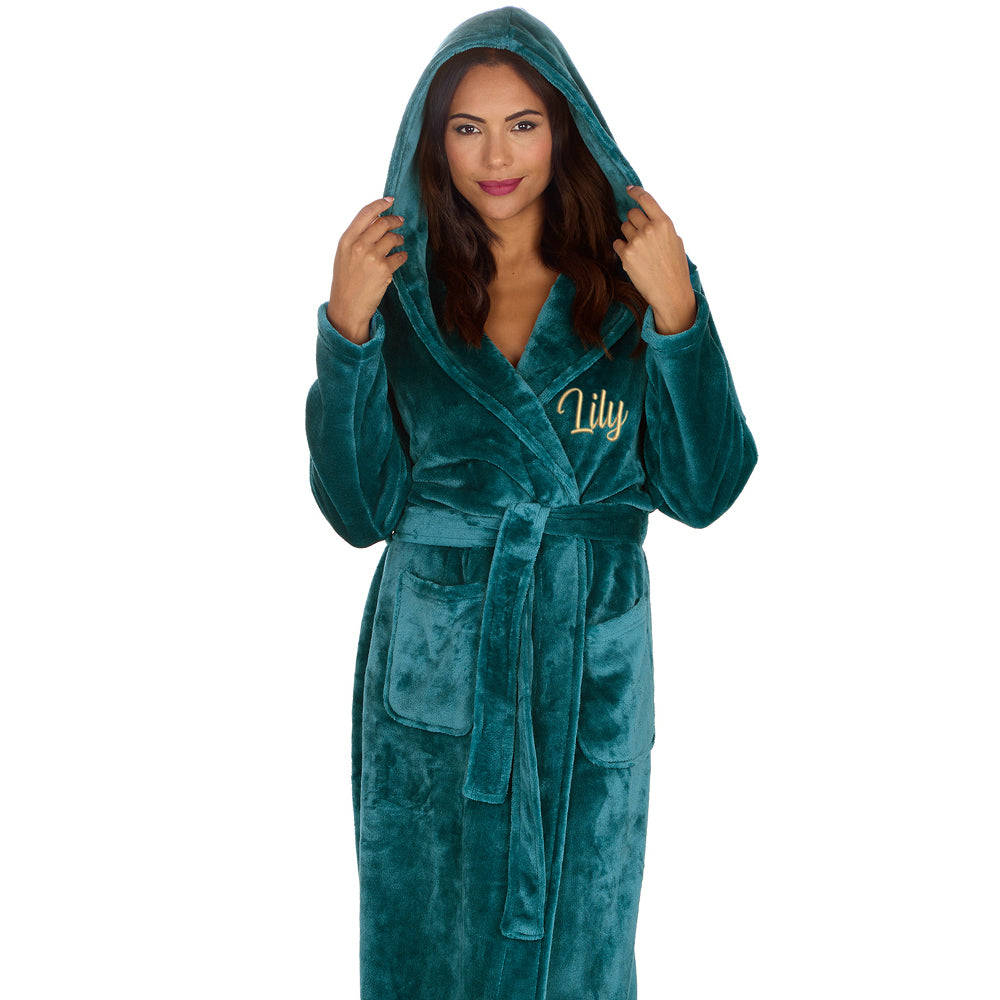 Personalised Ladies Teal Long Hooded Dressing Gown
