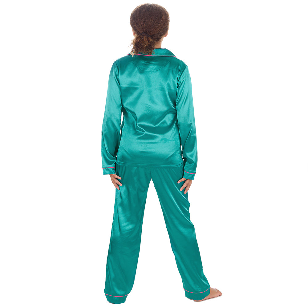 Girls Teal Silky Satin Long Pyjama Set