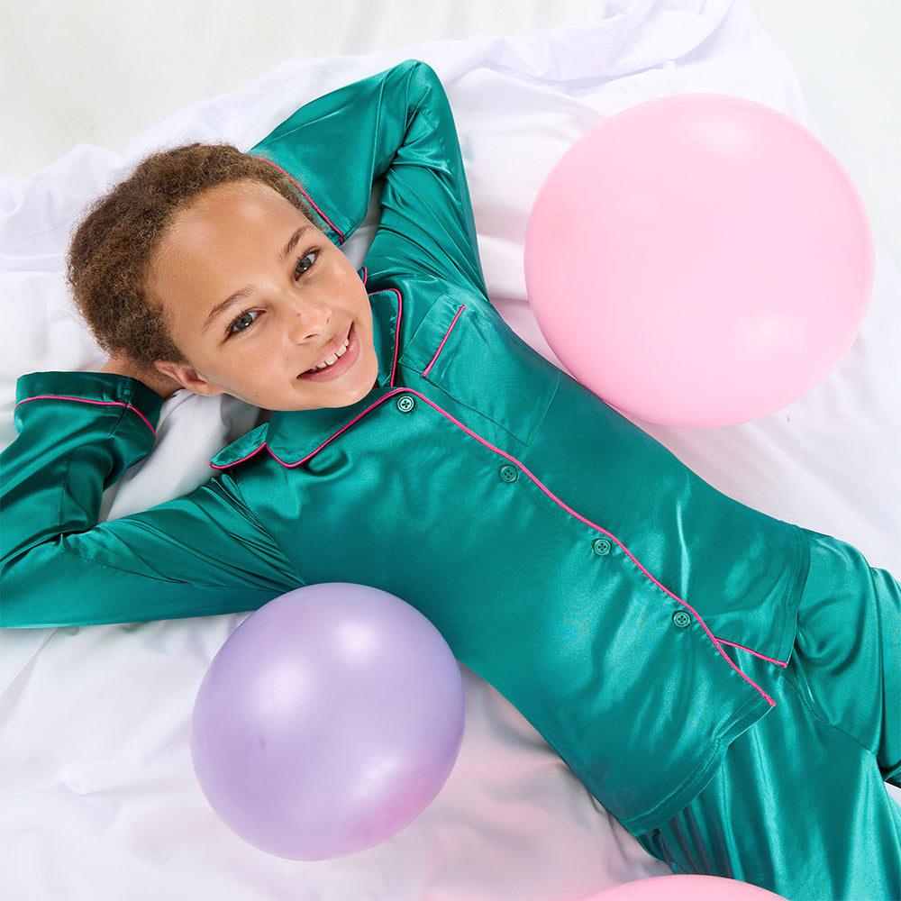Girls Teal Silky Satin Long Pyjama Set