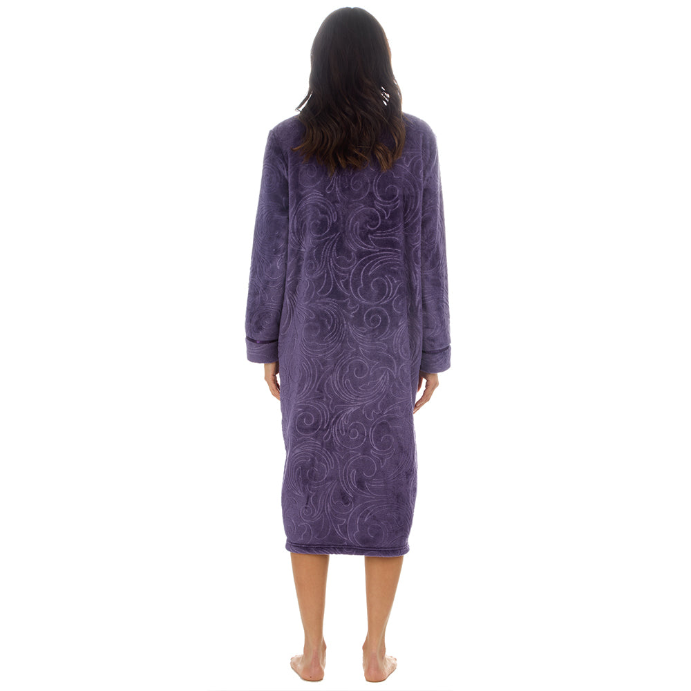Ladies Full Zip Floral Embossed Purple Dressing Gown