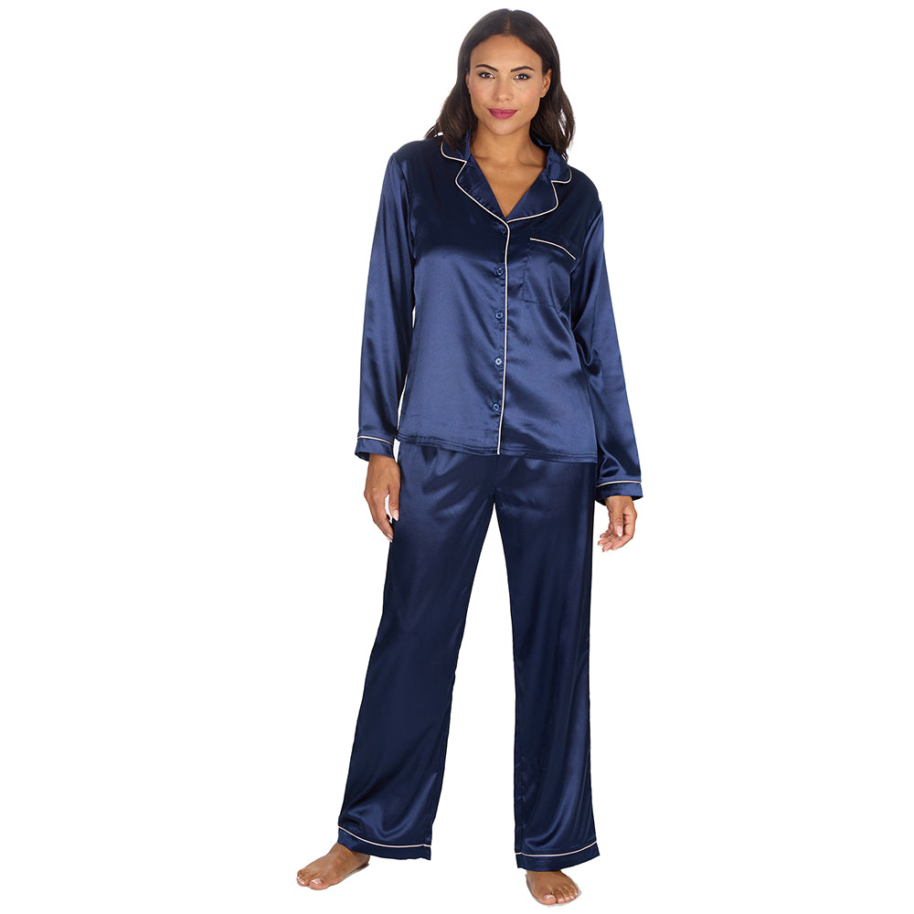 Ladies Navy Silky Satin Long Pyjama Set