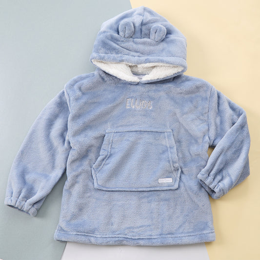 Personalised Toddler Bear Ears Dusky Blue Blanket Hoodie