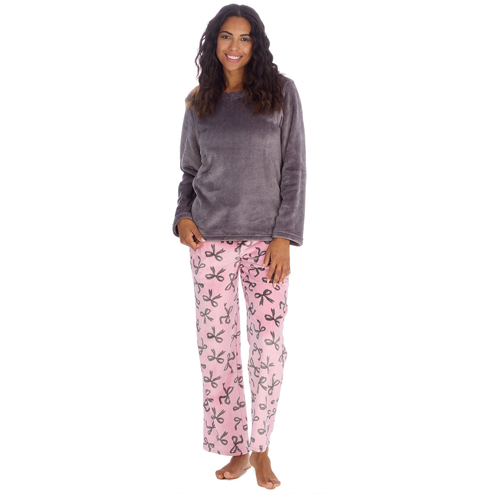 Ladies Grey Bows Fleece Pyjama Set