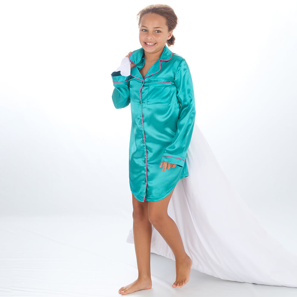 Girls Teal Silky Satin Nightshirt