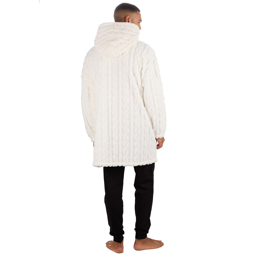 Mens Cream Cable Sherpa Fleece Blanket Hoodie