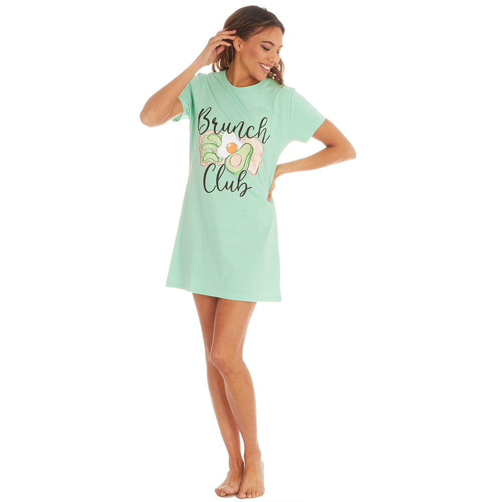 Ladies Short Sleeve Brunch Club Print Nightie