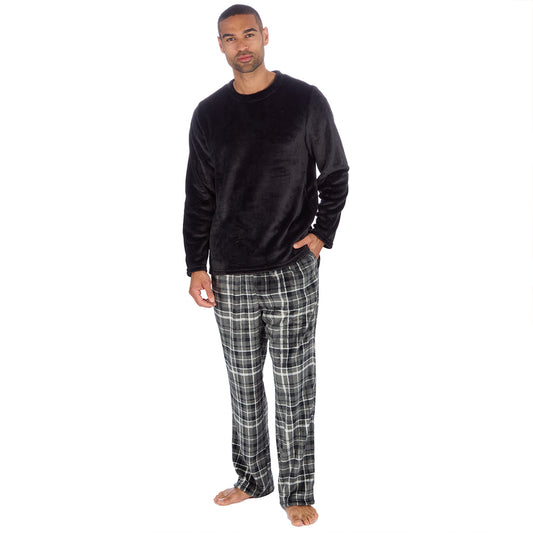 Mens Black Check Fleece Pyjama Set