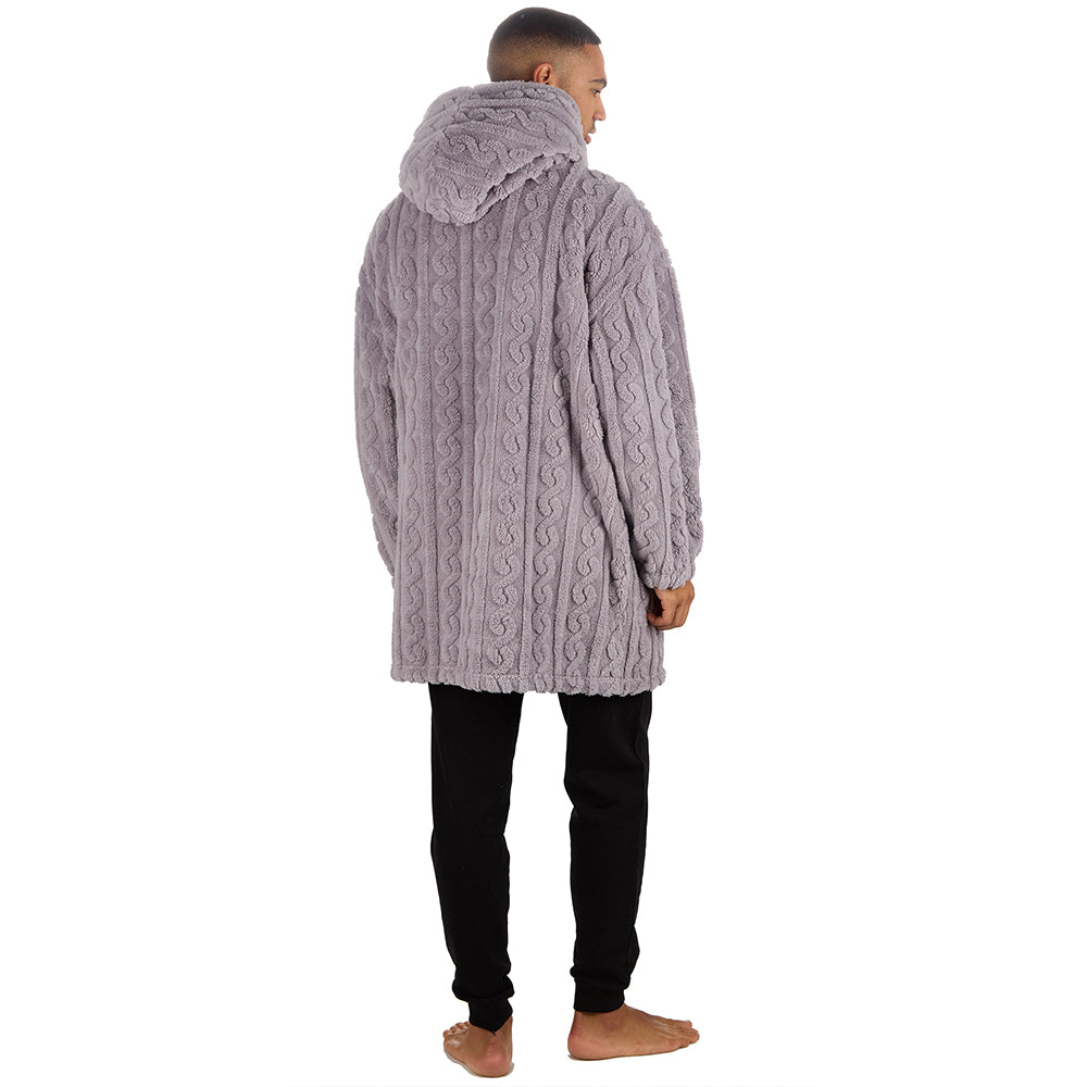 Mens Grey Cable Sherpa Fleece Blanket Hoodie