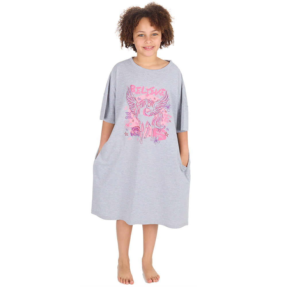 Girls Unicorn Grey Oversize Sleep Tee