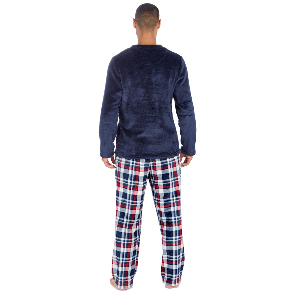 Mens Navy Check Fleece Pyjama Set