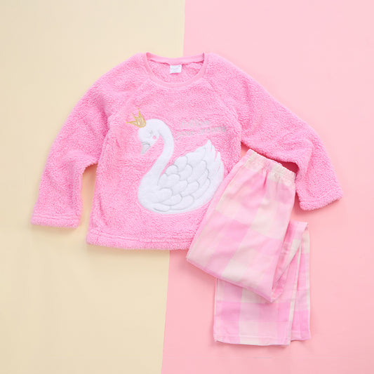 Girls Pink Swan Snuggle Fleece Pyjama Set