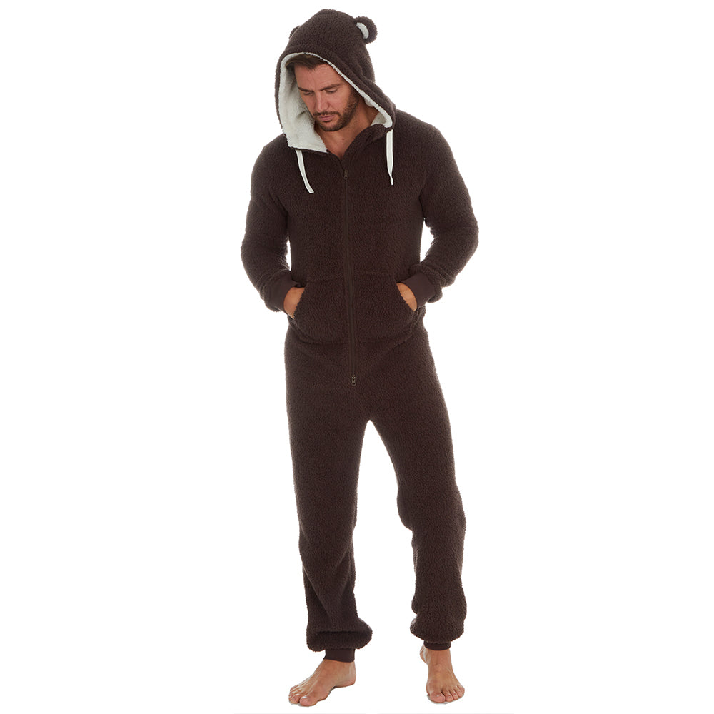 Mens Brown Teddy Bear Fleece Onesie