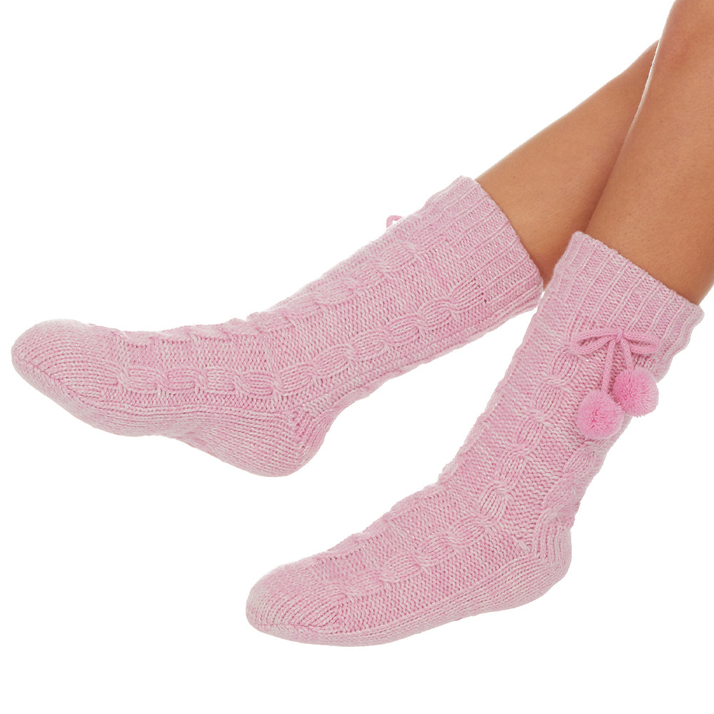 Ladies Cable Knit Pink Slipper Socks
