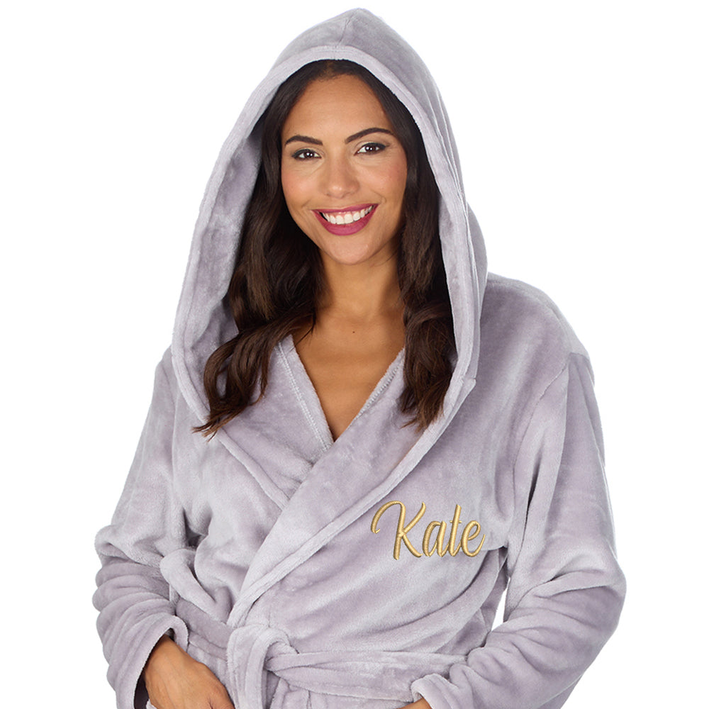 Personalised Ladies Silver Long Hooded Dressing Gown