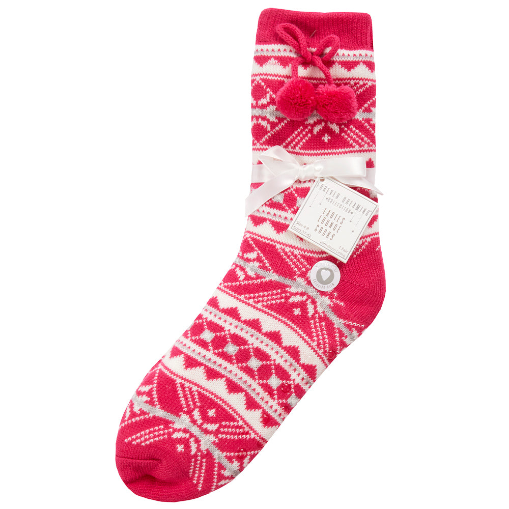 Ladies Fair Isle Pink Slipper Socks