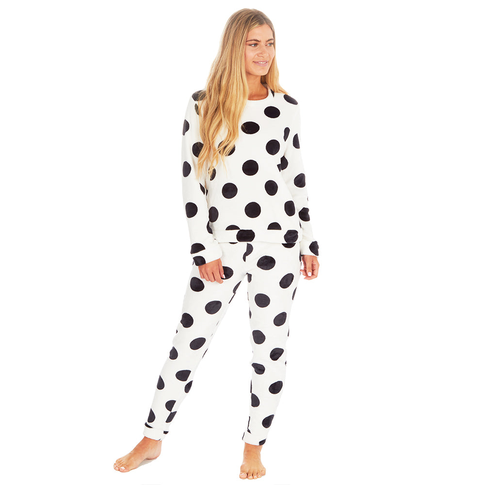 Ladies White Polka Dot Fleece Pyjama Set