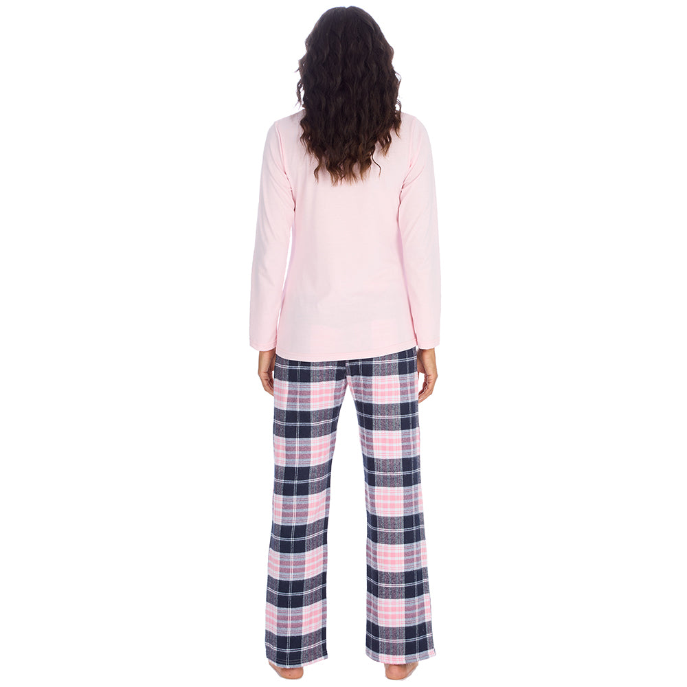 Ladies Pink Check Jersey Pyjama Set