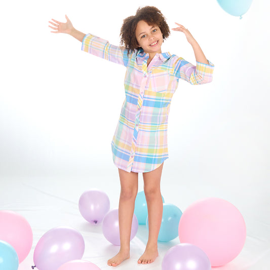 Girls Rose Pink Check Woven Nightshirt