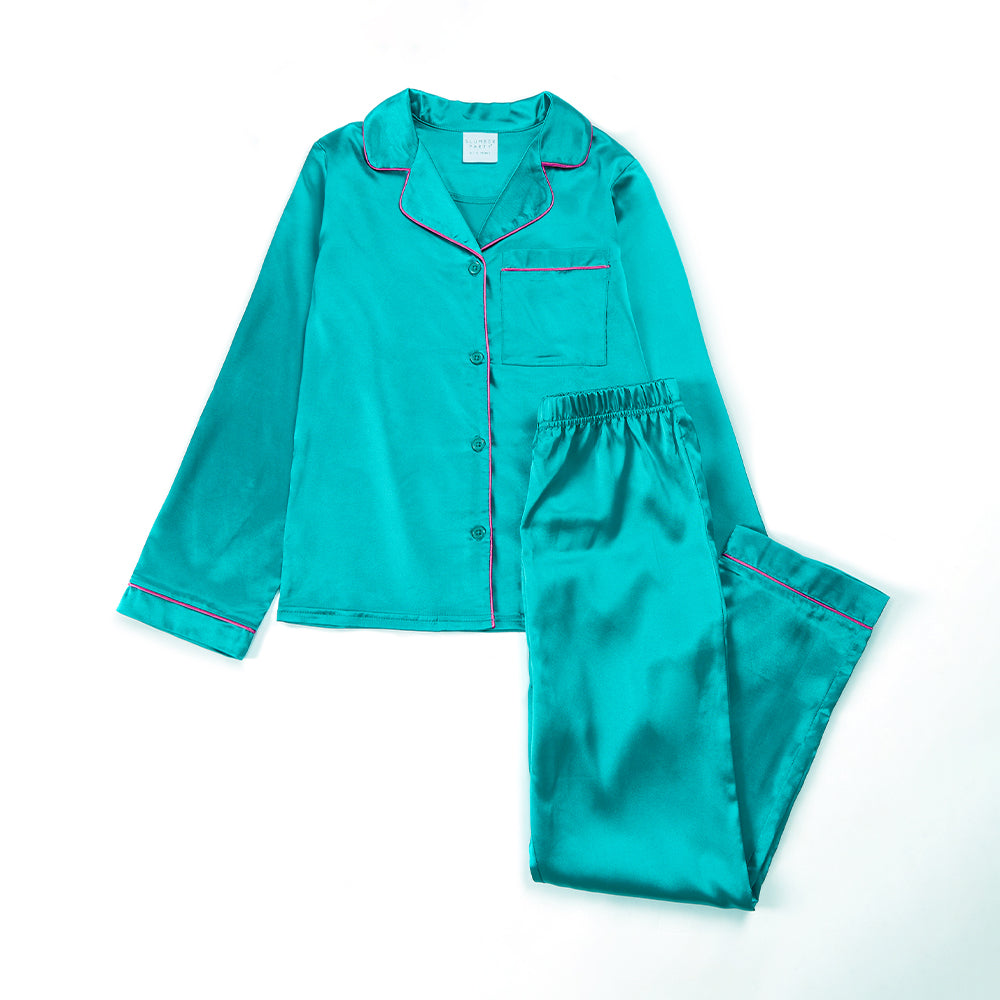 Girls Teal Silky Satin Long Pyjama Set