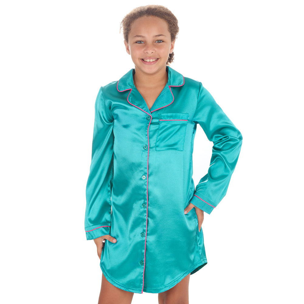 Girls Teal Silky Satin Nightshirt