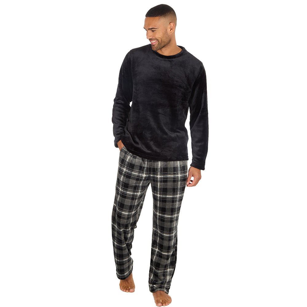 Mens Black Check Fleece Pyjama Set