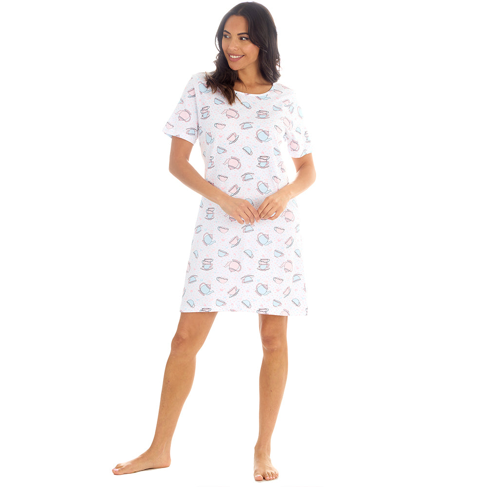 Ladies Short Sleeve Teatime Print White Nigthie