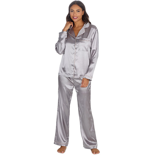 Ladies Silver Silky Satin Long Pyjama Set