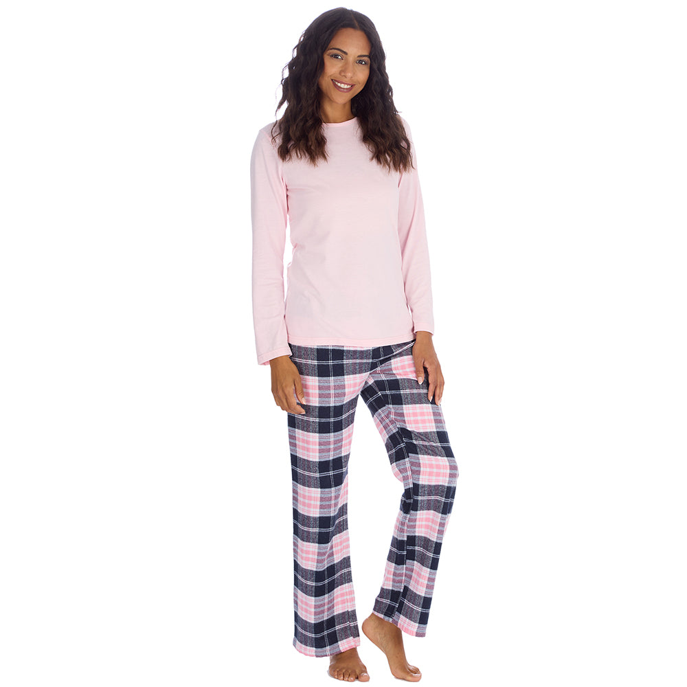 Ladies Pink Check Jersey Pyjama Set