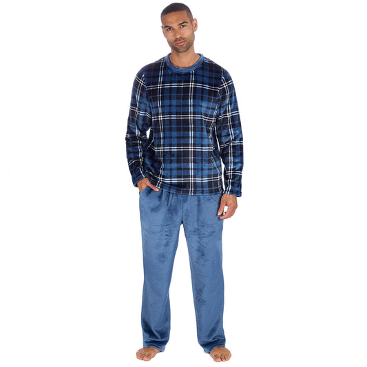 Mens Checked Blue Fleece Pyjama Set