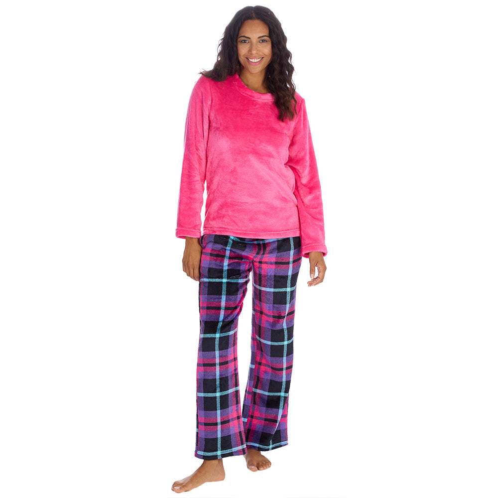 Ladies Fuchsia Check Fleece Pyjama Set