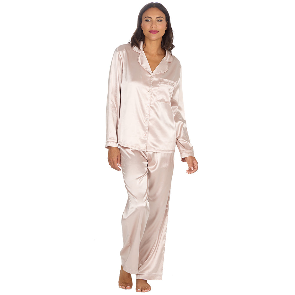 Ladies Gold Silky Satin Long Pyjama Set