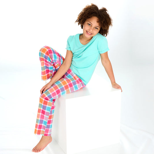 Girls Mint Check Long Pants Pyjama Set