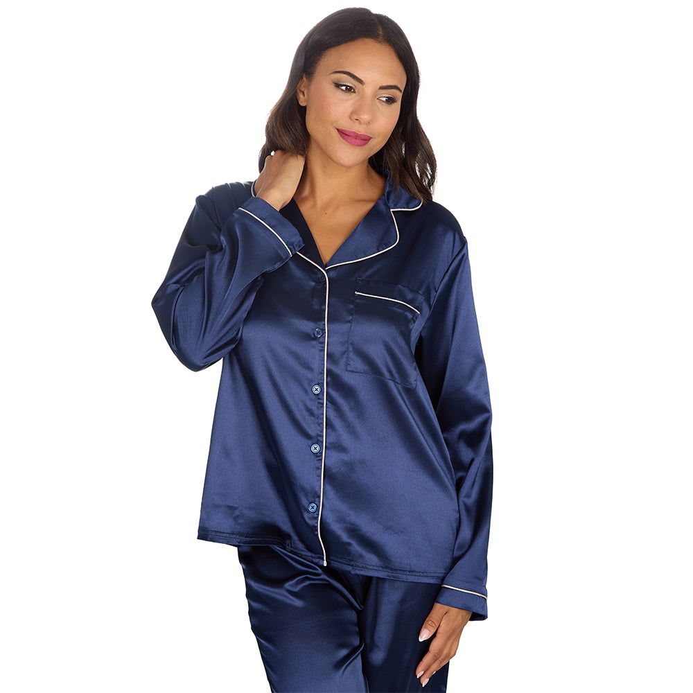Ladies Navy Silky Satin Long Pyjama Set