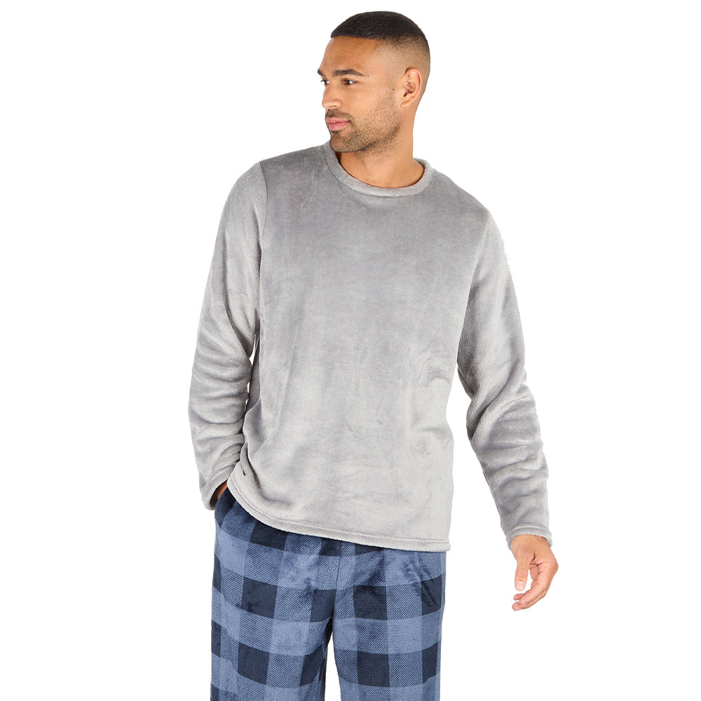 Mens Silver Check Fleece Pyjama Set