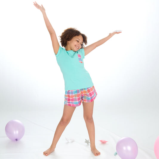 Girls Mint Checked Short Pyjama Set