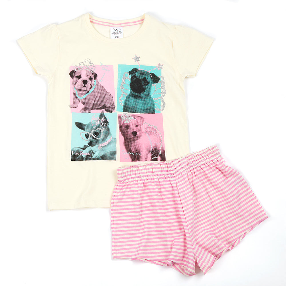 Girls Cream Puppy Short Pyjama Set