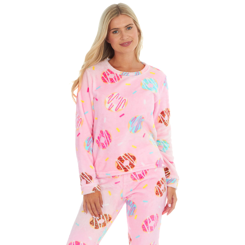 Ladies Pink Donuts Fleece Pyjama Set