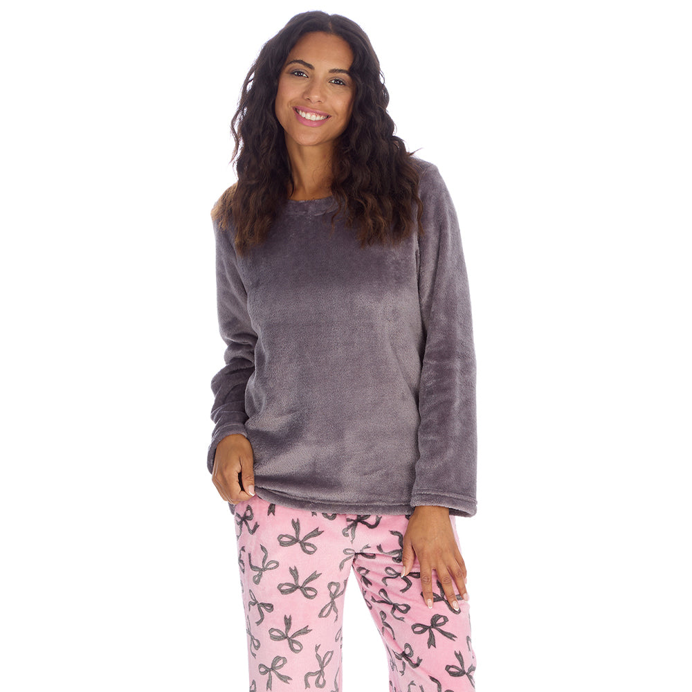 Ladies Grey Bows Fleece Pyjama Set