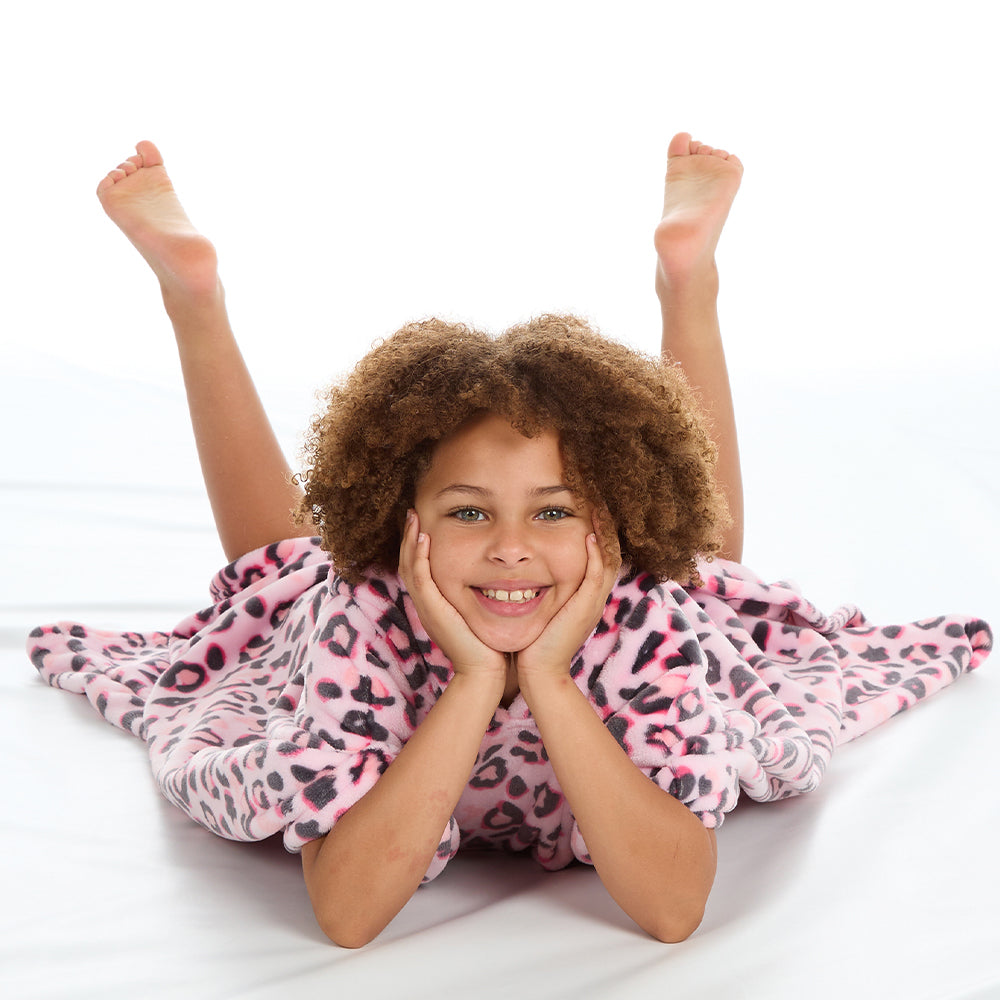Girls Leopard Pink Poncho Hooded Blanket