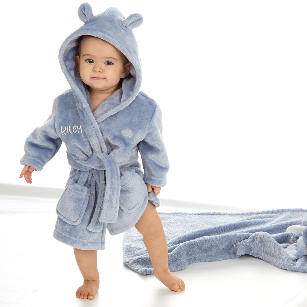 Personalised Baby Dusky Blue Bear Ears Dressing Gown