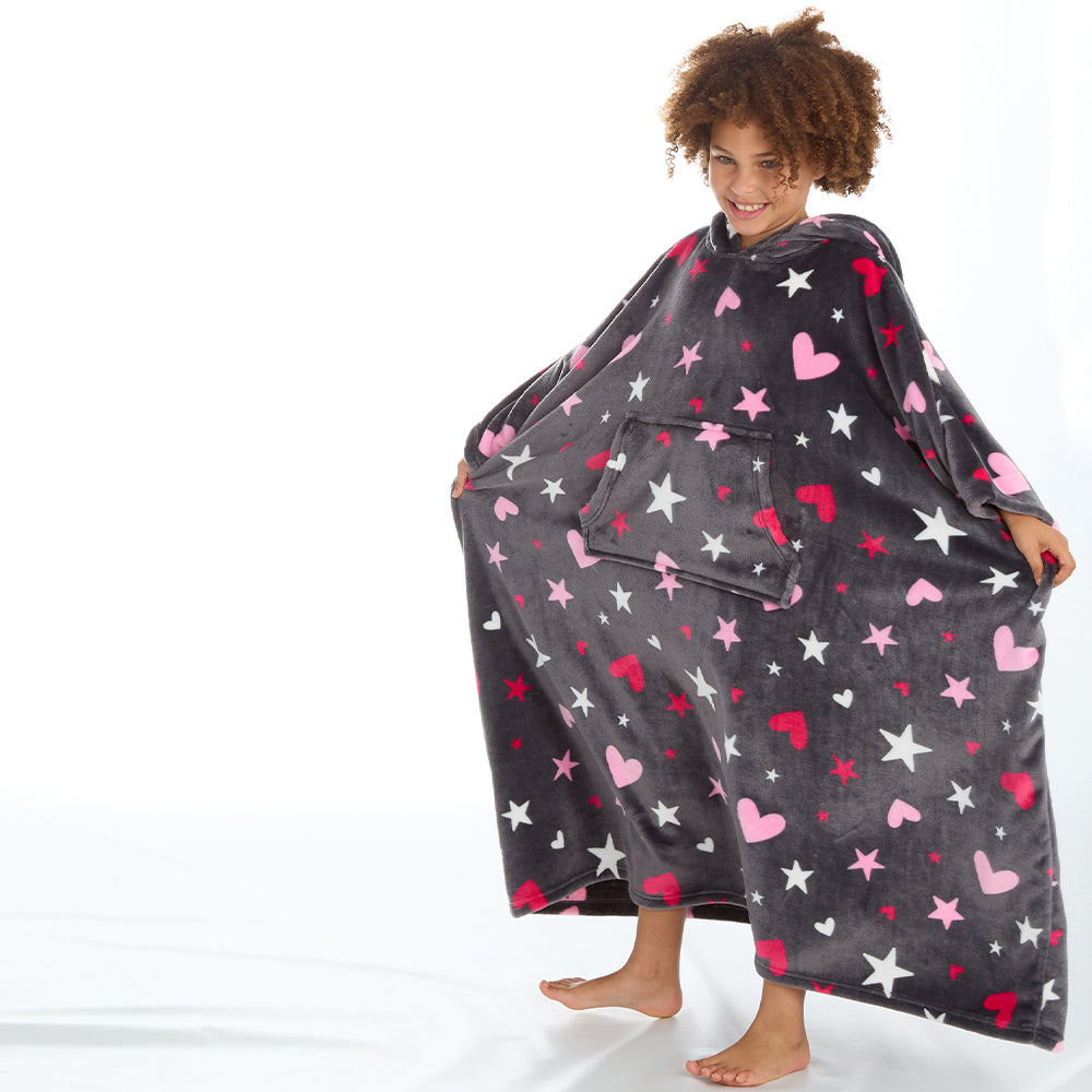 Girls Hearts Grey Poncho Hooded Blanket