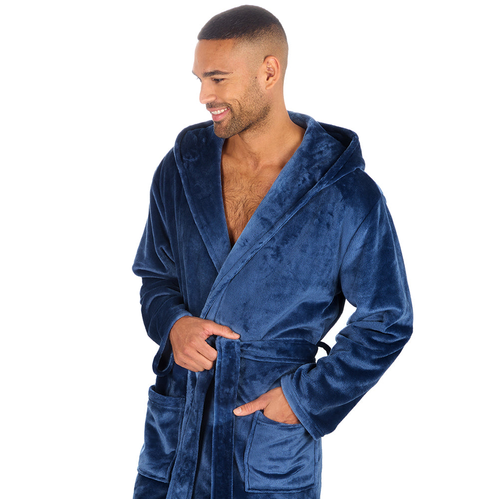 Mens Plain Hooded Blue Dressing Gown