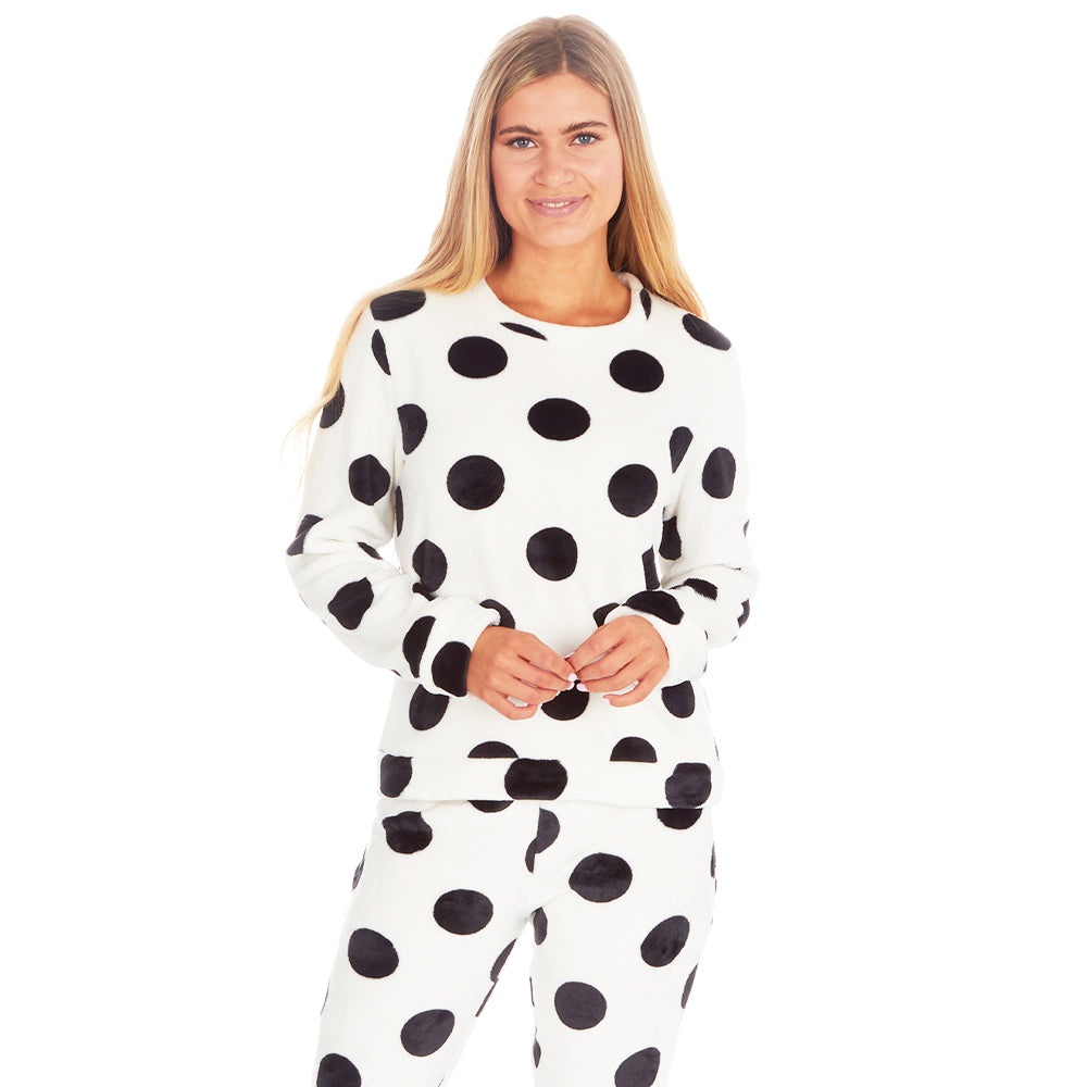 Ladies White Polka Dot Fleece Pyjama Set