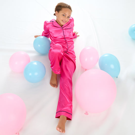 Girls Pink Silky Satin Long Pyjama Set