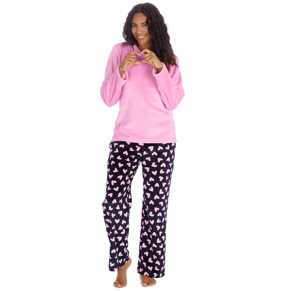Ladies Pink Hearts Fleece Pyjama Set