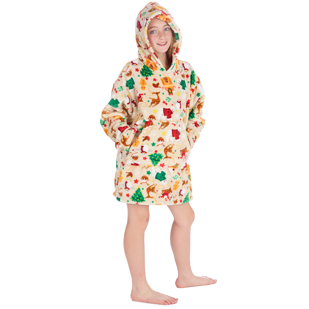 Kids Beige Christmas Fleece Blanket Hoodie