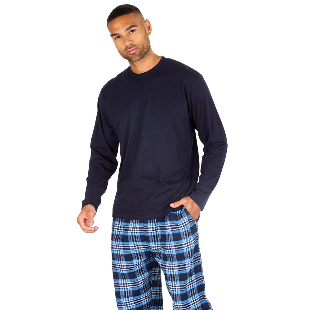 Mens Navy Check Jersey Pyjama Set