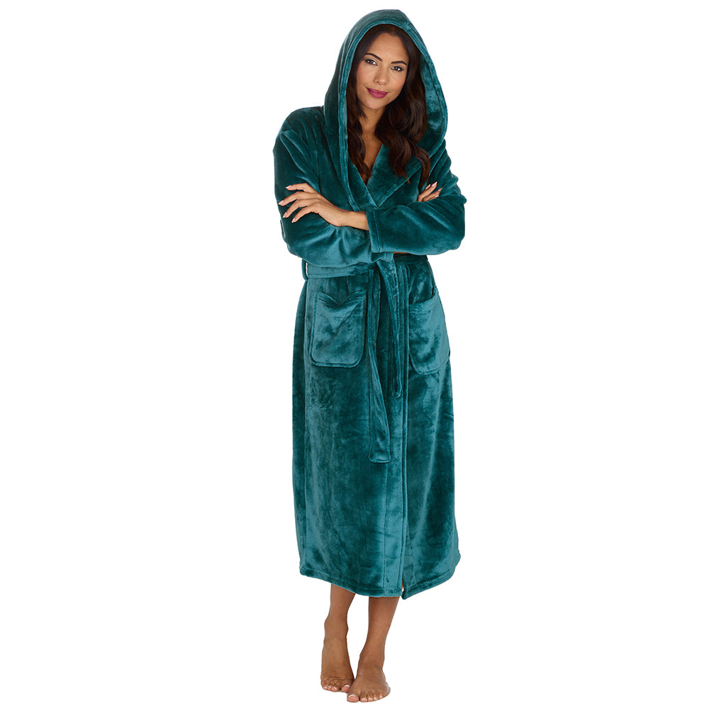 Personalised Ladies Teal Long Hooded Dressing Gown