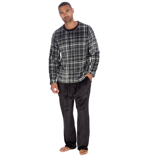 Mens Checked Black Fleece Pyjama Set
